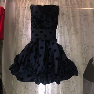 Sanjoy blue and black pokadot Strapless Fit and Flare Prom Dress